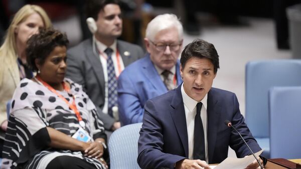 Canadian Prime Minister Justin Trudeau speaks during a high level Security Council meeting on the situation in Ukraine, Wednesday, Sept. 20, 2023, at United Nations headquarters. (AP Photo/Mary Altaffer) - Sputnik India