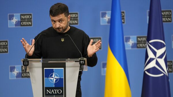 Ukraine's President Volodymyr Zelenskyy speaks during a media conference at NATO headquarters in Brussels, Thursday, Oct. 17, 2024. - Sputnik भारत