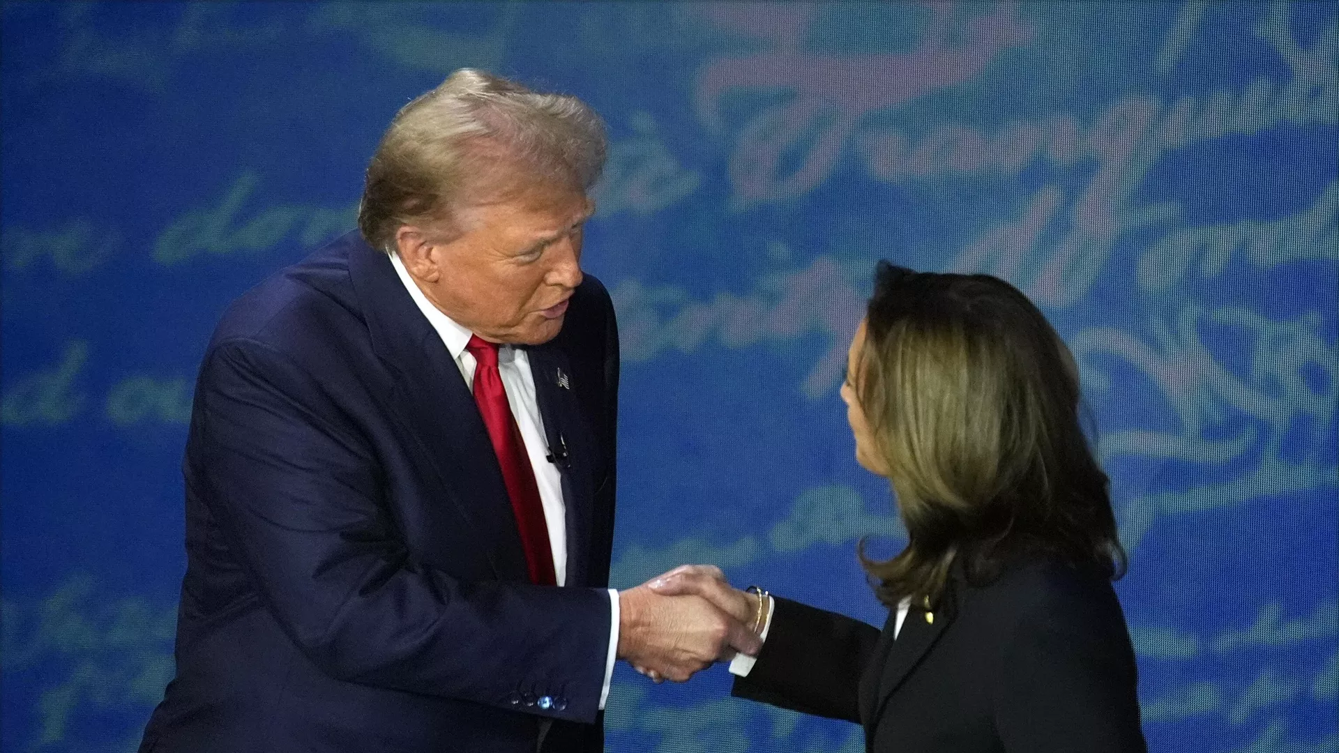 Republican presidential nominee former President Donald Trump shakes hands with Democratic presidential nominee Vice President Kamala Harris during an ABC News presidential debate at the National Constitution Center, Tuesday, Sept.10, 2024, in Philadelphia. 