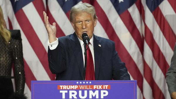 Republican Presidential nominee former President Donald Trump speaks at the Palm Beach County Convention Center during an election night watch party, Wednesday, Nov. 6, 2024, in West Palm Beach, Fla. (AP Photo/Lynne Sladky) - Sputnik India