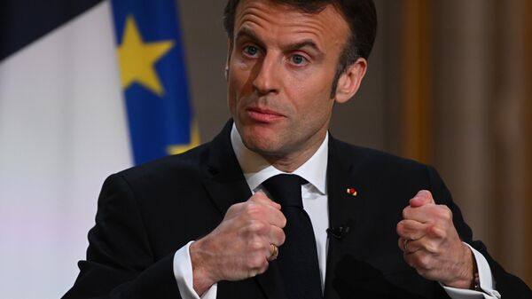 French President Emmanuel Macron delivers a speech ahead of his visit in Central Africa, at the Elysee Palace in Paris, Monday, Feb. 27, 2023 - Sputnik India