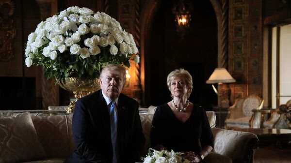 President Donald Trump announces the resignation of Small Business Administration Administrator Linda McMahon during a news conference at his Mar-a-Lago estate in Palm Beach, Fla., Friday, March 29, 2019. She is joining the campaign to help with Trump's re-election effort. (AP Photo/Manuel Balce Ceneta) - Sputnik India