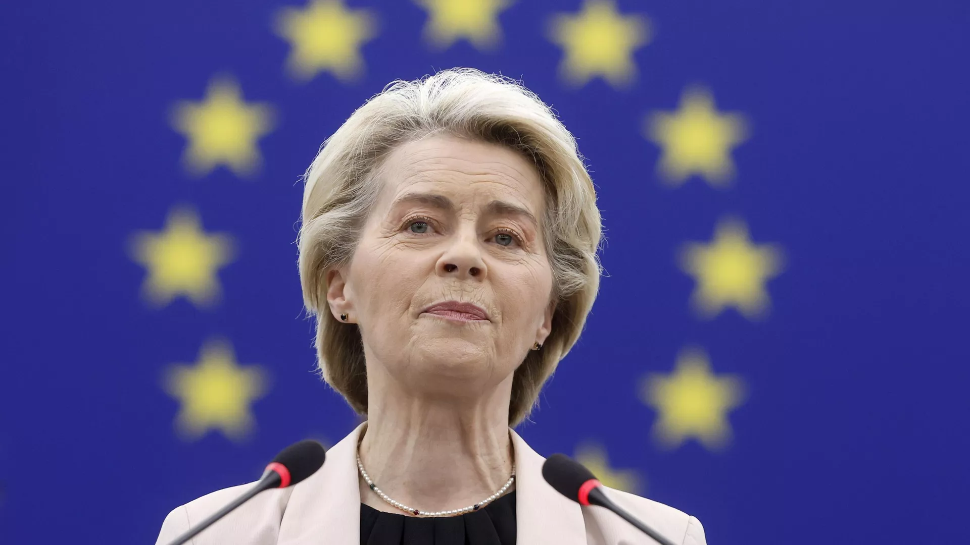 European Commission President Ursula von der Leyen speaks, prior to the European Parliament's vote on the new College of Commissioners, at the European Parliament in Strasbourg, France, Wednesday, Nov. 27, 2024.