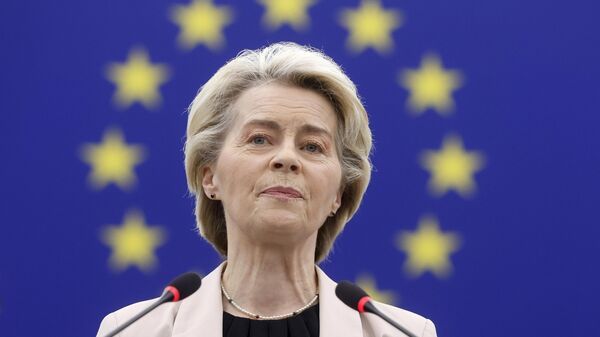 European Commission President Ursula von der Leyen speaks, prior to the European Parliament's vote on the new College of Commissioners, at the European Parliament in Strasbourg, France, Wednesday, Nov. 27, 2024. - Sputnik भारत