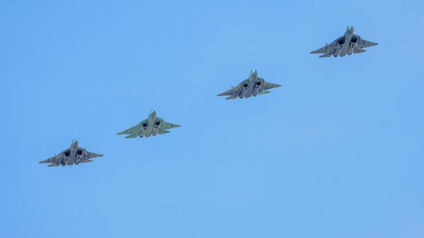 Fifth-generation Su-57 fighter jets during the final rehearsal for the air segment of the military parade marking the 77th anniversary of Victory in the Great Patriotic War/ Alexander Vilf - Sputnik India