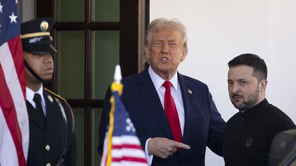 Ukraine's Volodymyr Zelensky, right, is greeted by President Donald Trump, center, as he arrives at the White House in Washington, Friday, Feb. 28, 2025.  - Sputnik भारत