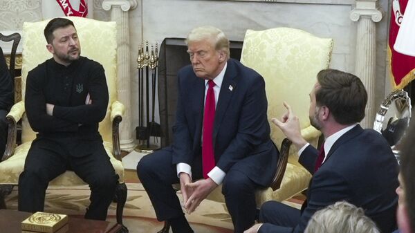 Vice President JD Vance, right, speaks with Ukraine's Volodymyr Zelensky, left, as President Donald Trump listens in the Oval Office at the White House, Friday, Feb. 28, 2025, in Washington.  - Sputnik भारत