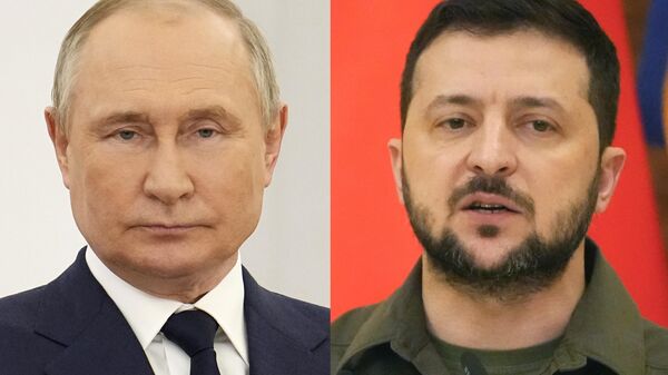 Russian President Vladimir Putin at the Kremlin in Moscow, on April 26, 2022, and Ukrainian President Volodymyr Zelenskyy in Kyiv, Ukraine, on May 8, 2022. An interminable and unwinnable war in Europe? That's what NATO leaders fear and are bracing for as Russia's war in Ukraine grinds into its third month with little sign of a decisive military victory for either side, and no resolution in sight. - Sputnik भारत