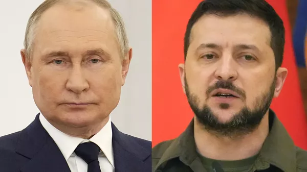 Russian President Vladimir Putin at the Kremlin in Moscow, on April 26, 2022, and Ukrainian President Volodymyr Zelenskyy in Kyiv, Ukraine, on May 8, 2022. An interminable and unwinnable war in Europe? That's what NATO leaders fear and are bracing for as Russia's war in Ukraine grinds into its third month with little sign of a decisive military victory for either side, and no resolution in sight. - Sputnik भारत