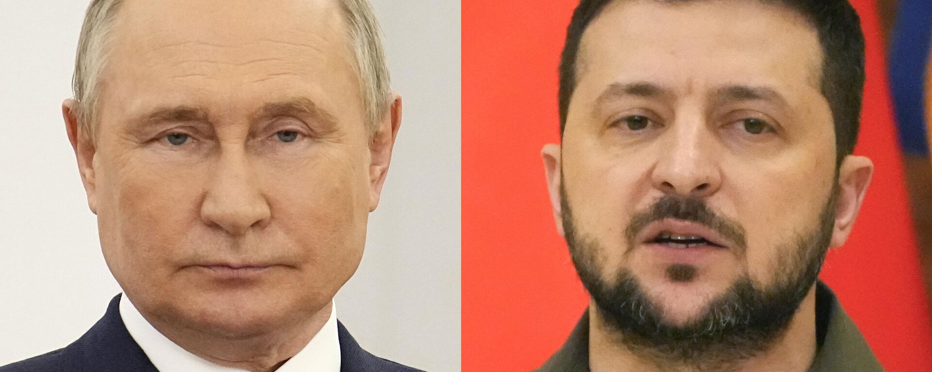 Russian President Vladimir Putin at the Kremlin in Moscow, on April 26, 2022, and Ukrainian President Volodymyr Zelenskyy in Kyiv, Ukraine, on May 8, 2022. An interminable and unwinnable war in Europe? That's what NATO leaders fear and are bracing for as Russia's war in Ukraine grinds into its third month with little sign of a decisive military victory for either side, and no resolution in sight. - Sputnik भारत, 1920, 17.05.2025