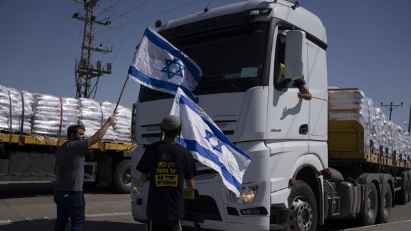 Activists stand in front of trucks carrying humanitarian aid as they try to stop them from entering the Gaza Strip in an area near the Kerem Shalom border crossing, southern Israel, Thursday, May 9, 2024.  - Sputnik भारत