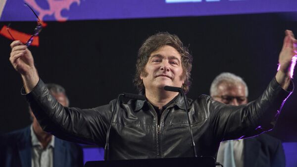 Argentina's President Javier Milei greets supporters during the closing campaign rally for Manuel Adorni, a contender in the upcoming elections for the Buenos Aires city legislature, in Buenos Aires, Argentina, Wednesday, May 14, 2025. (AP Photo/Rodrigo Abd) - Sputnik India