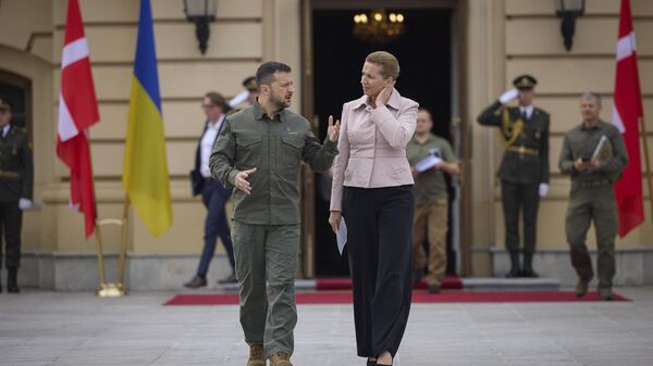Danish Prime Minister Mette Frederiksen and Ukrainian President Volodymyr Zelensky talk during their meeting in Kyiv, Ukraine - Sputnik भारत
