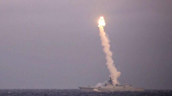 Test firing of a Zircon hypersonic cruise missile from the Admiral of the Soviet Union Fleet Gorshkov frigate from the White Sea at a coastal target located at the Chizha training ground in the Arkhangelsk Region. - Sputnik India