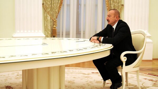 MOSCOW, RUSSIA - FEBRUARY 22: (---EDITORIAL USE ONLY â MANDATORY CREDIT - RUSSIAN PRESIDENCY / HANDOUT - NO MARKETING NO ADVERTISING CAMPAIGNS - DISTRIBUTED AS A SERVICE TO CLIENTS----) Azerbaijani President Ilham Aliyev meets Russian President Vladimir Putin (not seen) in Moscow, Russia on February 22, 2022. (Photo by Russian Presidency/Handout/Anadolu Agency via Getty Images) - Sputnik India