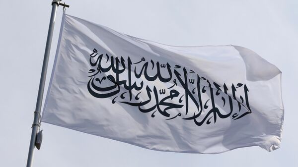 The national flag of the Islamic Emirate of Afghanistan, the Taliban, fluttering in the wind on a flagpole in Saint Petersburg, Russia. - Sputnik भारत