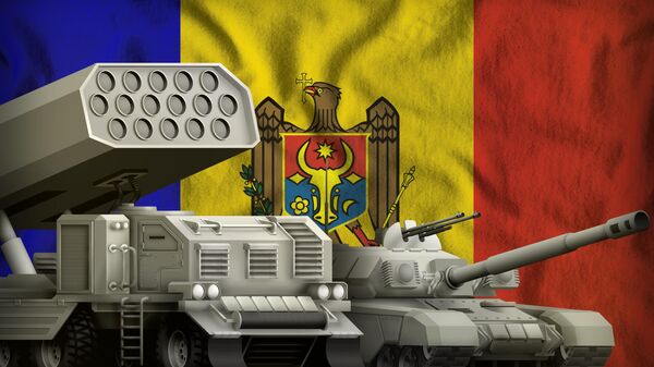tank and rocket launcher on the Moldova flag background. Moldova heavy military armored vehicles concept. 3d Illustration - Sputnik भारत