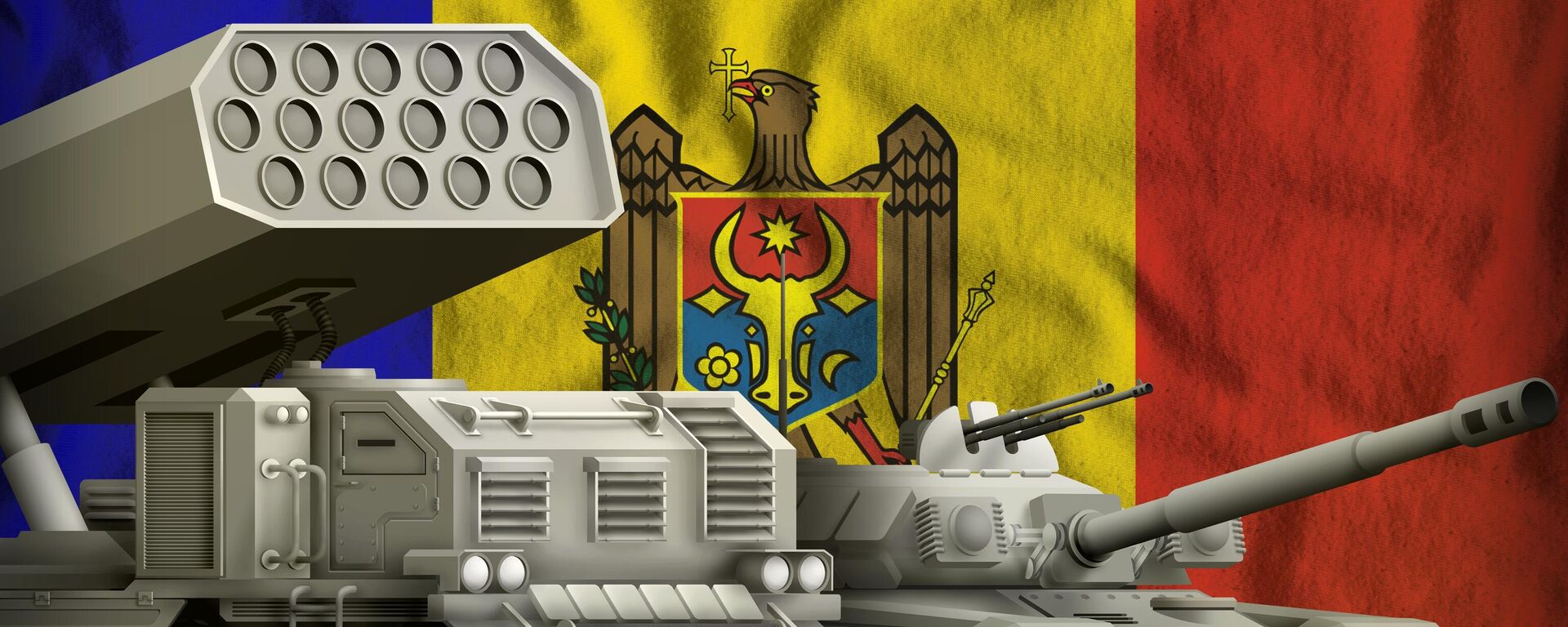 tank and rocket launcher on the Moldova flag background. Moldova heavy military armored vehicles concept. 3d Illustration - Sputnik भारत, 1920, 14.07.2025