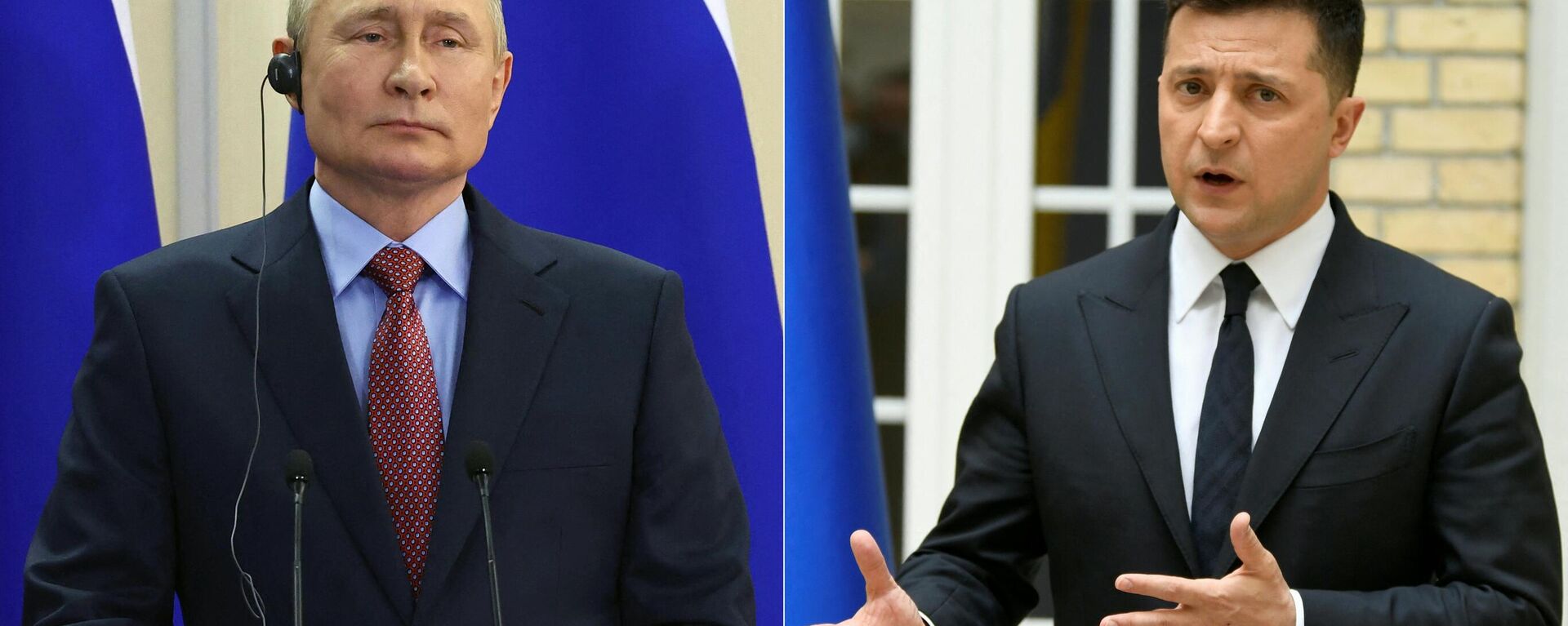 This combination of pictures created on January 11, 2022 shows Russian President Vladimir Putin looks on during a joint press conference with Greek Prime Minister following their talks in the Black  Ukrainian President Volodymyr Zelensky gesturing as he talks during a press conference at the Ukraine's embassy in Paris on April 16, 2021 after a working lunch with French President. - Sputnik भारत, 1920, 04.08.2025