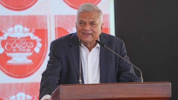Sri Lankan President Ranil Wickremesinghe is speaking at a public event in Mahiyanganaya, Sri Lanka, on July 14, 2024. (Photo by Thilina Kaluthotage/NurPhoto via Getty Images) - Sputnik India