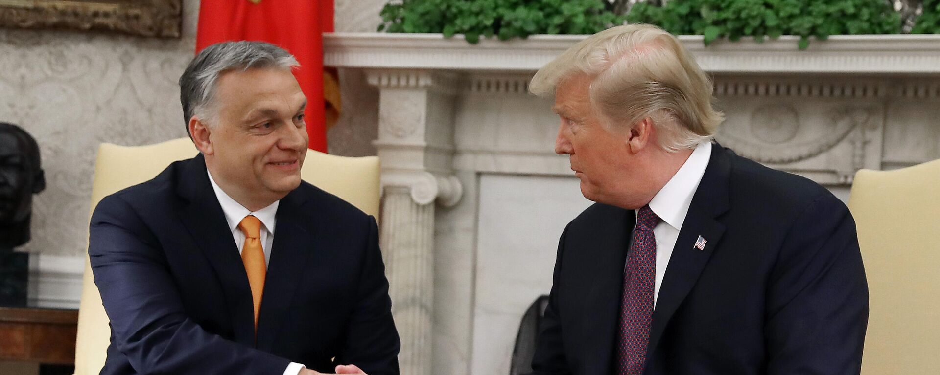 U.S. President Donald Trump shakes hands with Hungarian Prime Minister Viktor Orban during a meeting in the Oval Office on May 13, 2019 in Washington, DC. - Sputnik भारत, 1920, 22.08.2025