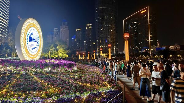 A light installation marking the upcoming Shanghai Cooperation Organization (SCO) Summit 2025 is illuminated on August 25, 2025 in Tianjin, China. The summit will take place on August 31 and September 1 in the northern Chinese port city.  - Sputnik भारत