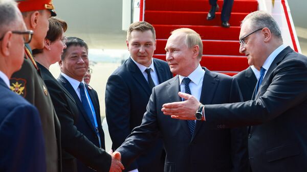 August 31, 2025. Russian President Vladimir Putin arrived at Binhai Airport in the city of Tianjin, China. On the right: Russian Ambassador to China Igor Morgulov. Third from the left: Chinese Ambassador to Russia Zhang Hanhui. - Sputnik India