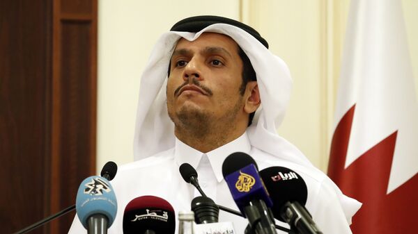 Sheikh Mohammed bin Abdulrahman Al Thani listens to a reporter's question during a media availability with Secretary of State Rex Tillerson, after their meeting, Sunday, Oct. 22, 2017, in Doha,Qatar - Sputnik भारत