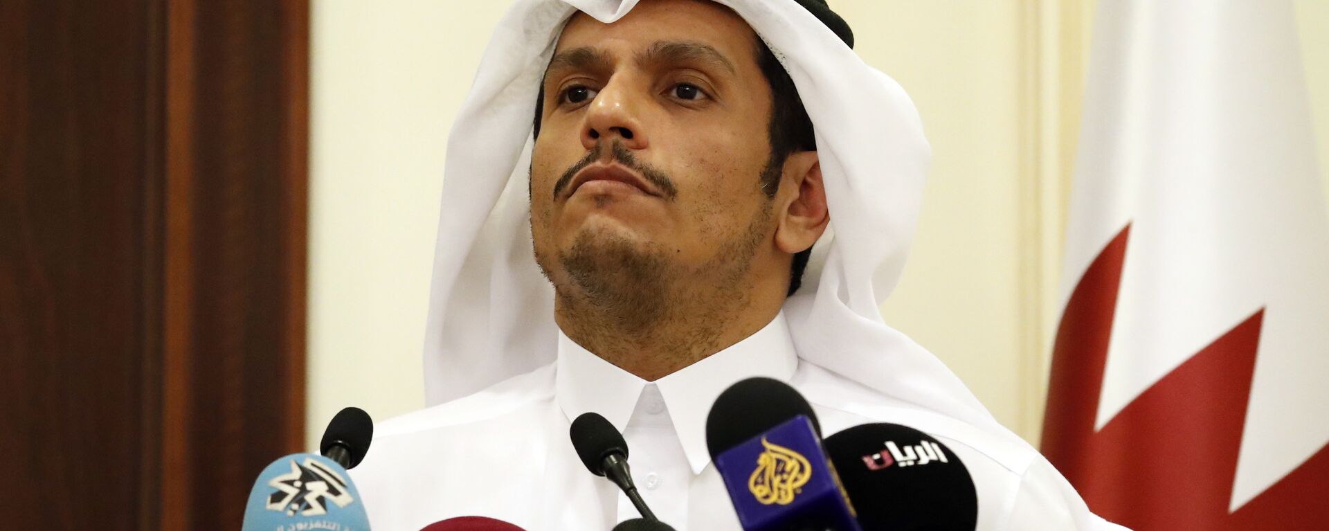 Sheikh Mohammed bin Abdulrahman Al Thani listens to a reporter's question during a media availability with Secretary of State Rex Tillerson, after their meeting, Sunday, Oct. 22, 2017, in Doha,Qatar - Sputnik India, 1920, 11.09.2025