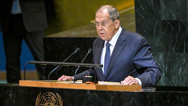 Russian Foreign Minister Sergey Lavrov gives a speech at the UN General Assembly in New York. Saturday, September 27, 2025. - Sputnik भारत
