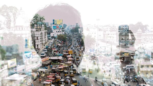 double exposure of a man taking a photo with a smart phone in India and cityscape - Sputnik India