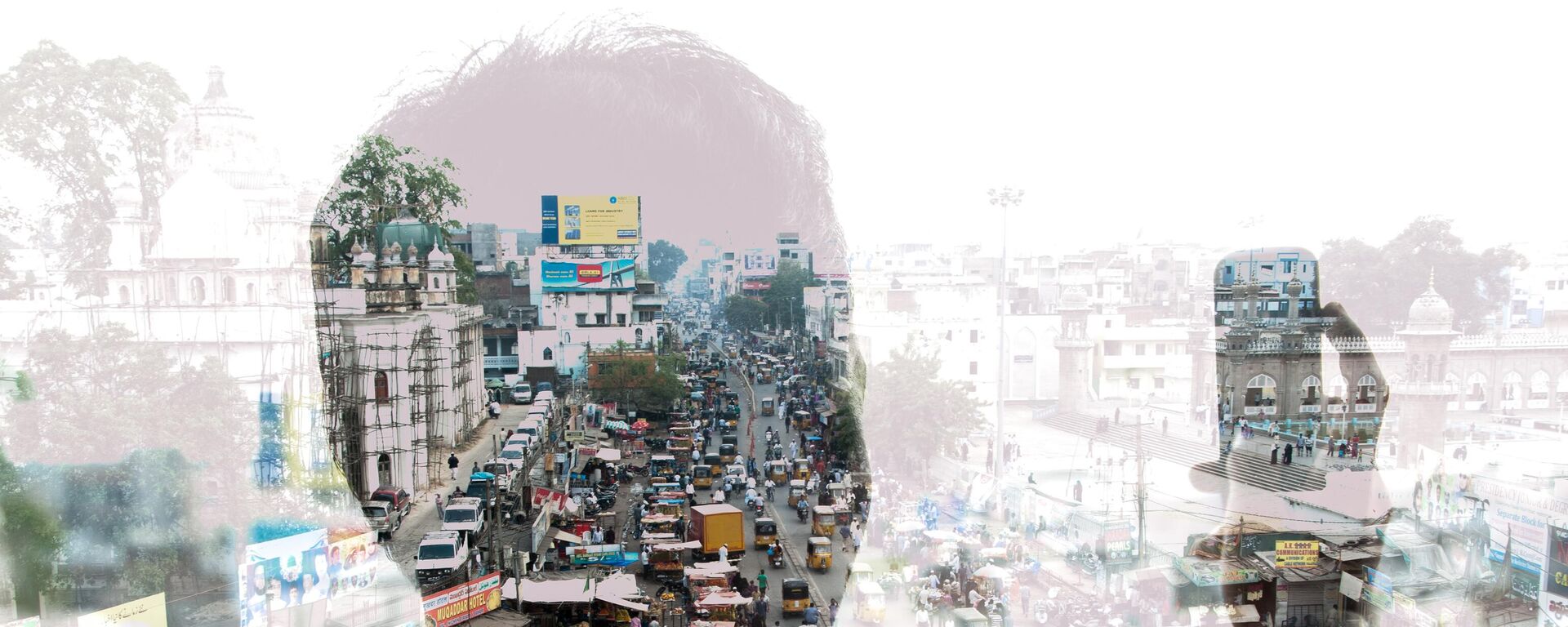 double exposure of a man taking a photo with a smart phone in India and cityscape - Sputnik India, 1920, 30.09.2025
