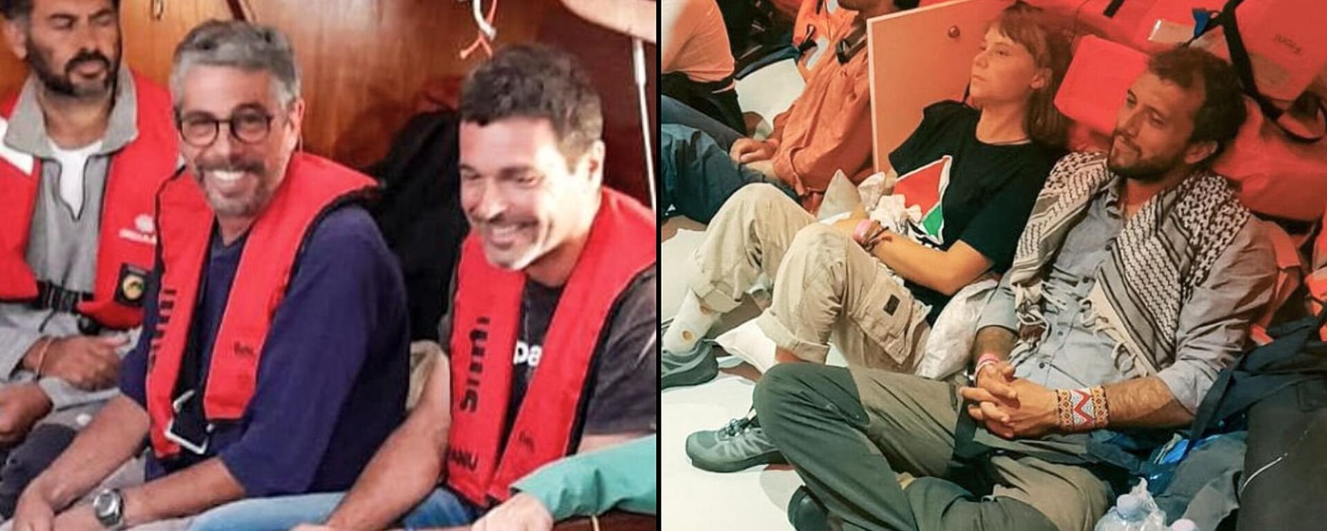 This combination of images released by the Israeli Foreign Ministry shows Greta Thunberg, second from right, with other flotilla activists after the Israeli navy intercepted the Global Sumud Flotilla carrying humanitarian aid to Gaza, Wednesday, Oct. 1, 2025. - Sputnik भारत, 1920, 02.10.2025