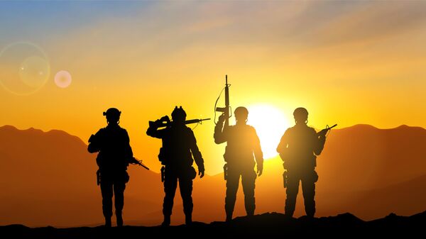 Silhouettes of soldiers against the sunset. Military background. EPS10 vector - Sputnik India