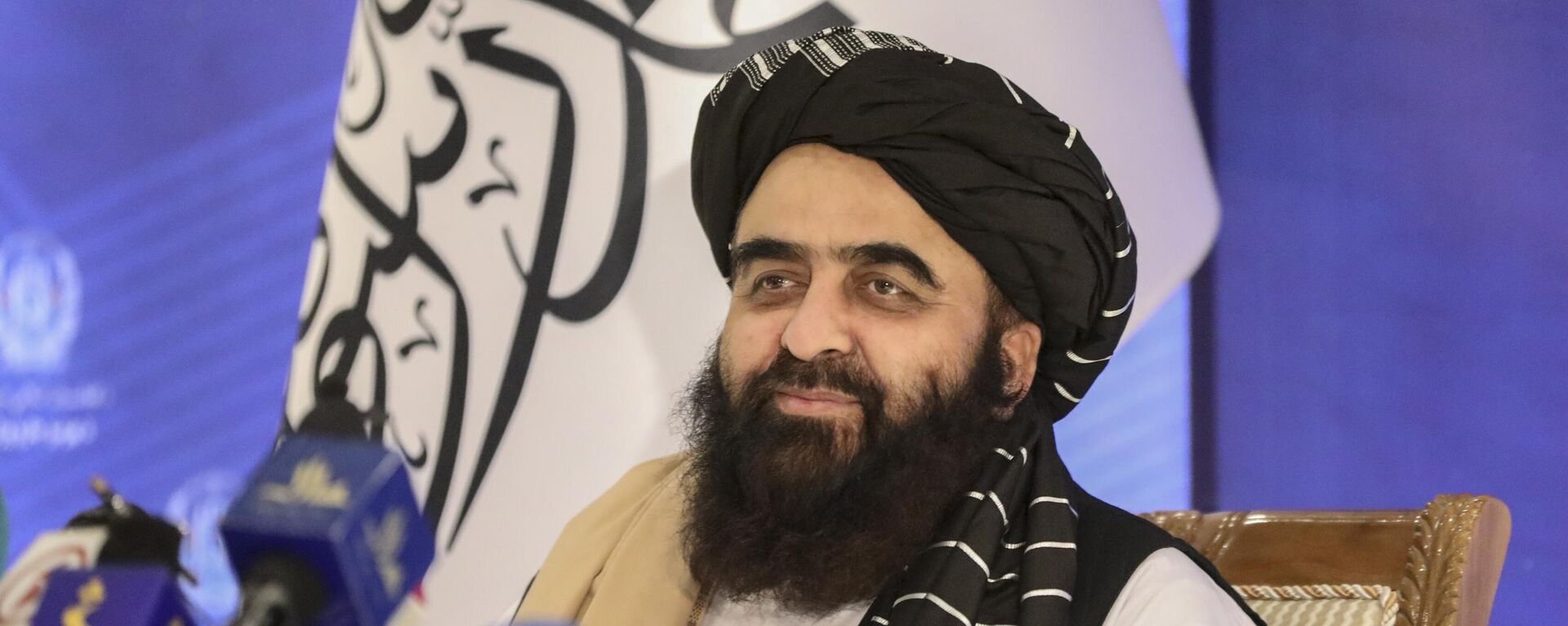The foreign minister in Afghanistan’s new Taliban-run Cabinet, Amir Khan Muttaqi, gives a press conference in Kabul, Afghanistan, Tuesday, Sept. 14, 2021. Muttaqi said Tuesday that the government remains committed to its promises not to allow militants to use its territory to attack others. (AP Photo/Muhammad Farooq) - Sputnik India, 1920, 04.10.2025