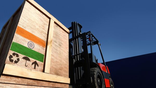 Forklift truck with boxes on pallet. Import export cargo concept. - Sputnik India