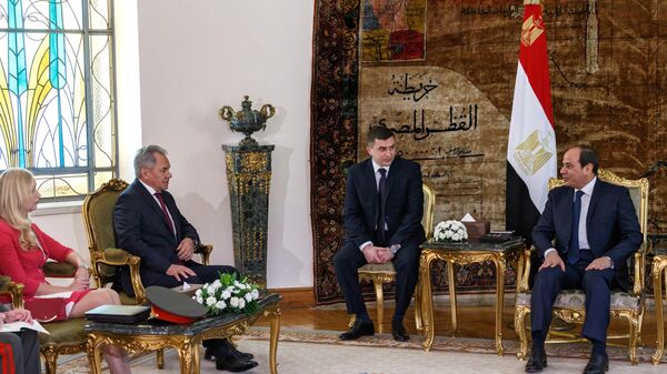 Russian Defense Minister Sergey Shoigu (second from left) and Egyptian President Abdel Fattah el-Sisi (right) during a meeting in Cairo. The image is a press material provided by a third party. For editorial use only. Archiving, commercial use, and advertising campaigns are prohibited. Vadim Savitsky / Sputnik. - Sputnik India