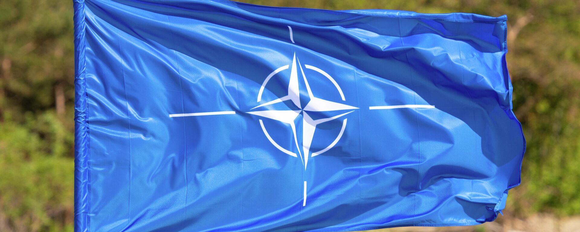 Flag with symbol of NATO waiving on a blurred green background - Sputnik भारत, 1920, 24.11.2025