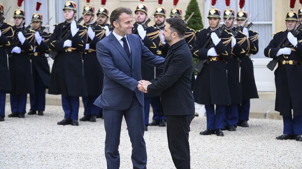 Le président ukrainien, Volodymyr Zelensky, est accueilli par le président de la République française, Emmanuel Macron, au palais de l'Élysée à Paris, le 17 novembre 2025.  - Sputnik भारत