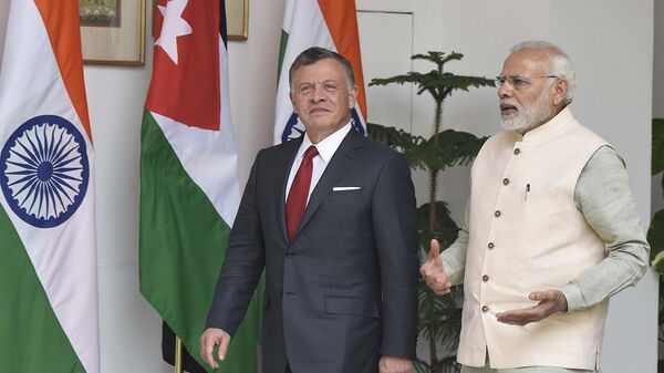NEW DELHI, INDIA - MARCH 1: Jordan King Abdullah II Ibn Al Hussein with Prime Minister Narendra Modi before delegation level talks at Hyderabad House on March 1, 2018 in New Delhi, India. Prime Minister Narendra Modi and Jordan King Abdullah II resolved to fight against the global scourge of terrorism, stating that terrorism has no religion. The key areas of discussion between the two leaders will include defence, security and investments. (Photo by Vipin Kumar/Hindustan Times via Getty Images) - Sputnik India