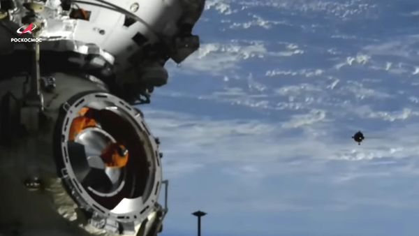 In this image taken from video footage released by the Roscosmos Space Agency, the Soyuz MS-21 space ship, right, approaches the International Space Station, ISS, during docking to the station, Friday, March 18, 2022 - Sputnik भारत