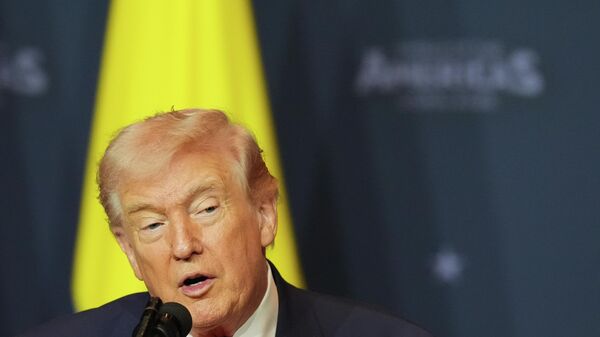 President Donald Trump speaks at the Shield of the Americas Summit, Saturday, March 7, 2026, at Trump National Doral Miami in Doral, Fla. (AP Photo/Rebecca Blackwell) - Sputnik India