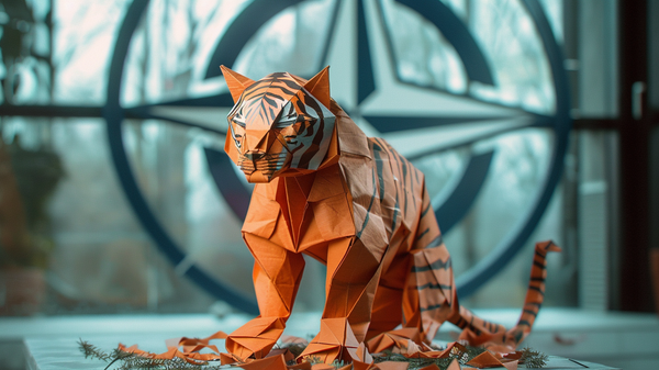 A depiction of an Origami paper tiger sitting in front of a NATO logo, AI Generated - Sputnik भारत