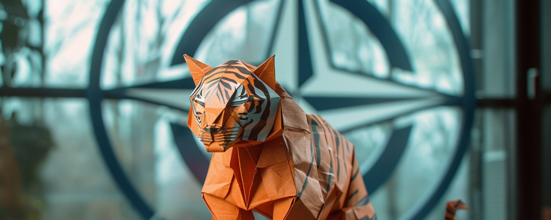 A depiction of an Origami paper tiger sitting in front of a NATO logo, AI Generated - Sputnik भारत, 1920, 12.04.2026