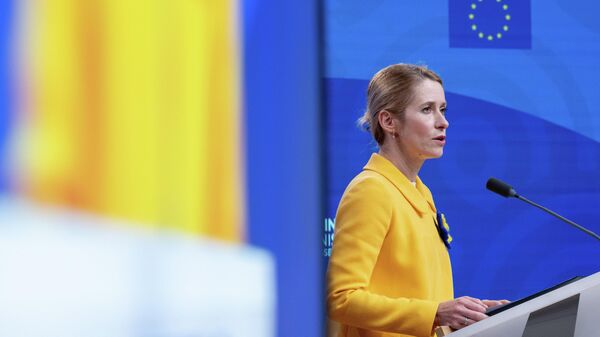 European Union foreign policy chief Kaja Kallas speaks during a media conference after the EU Indo-Pacific Ministerial Forum meeting at the European Council building in Brussels, Friday. - Sputnik भारत