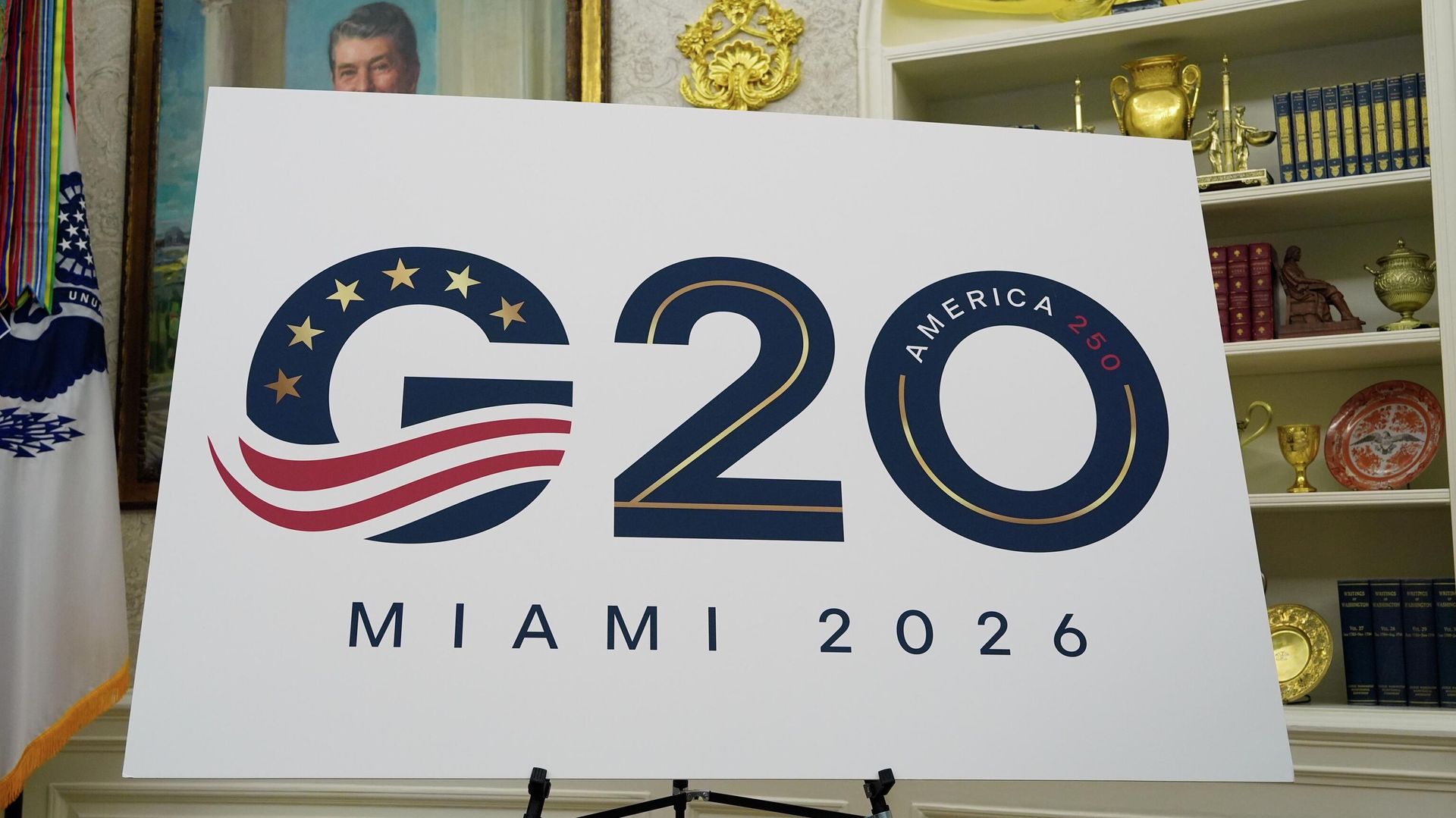 A sign for the G20 to be hosted in Miami in 2026 is displayed as President Donald Trump speaks in the Oval Office of the White House, Friday, Sept. 5, 2025, in Washington. A sign for the G20 to be hosted in Miami in 2026 is displayed as President Donald Trump speaks in the Oval Office of the White House, Friday, Sept. 5, 2025, in Washington. - Sputnik India, 1920, 24.09.2026