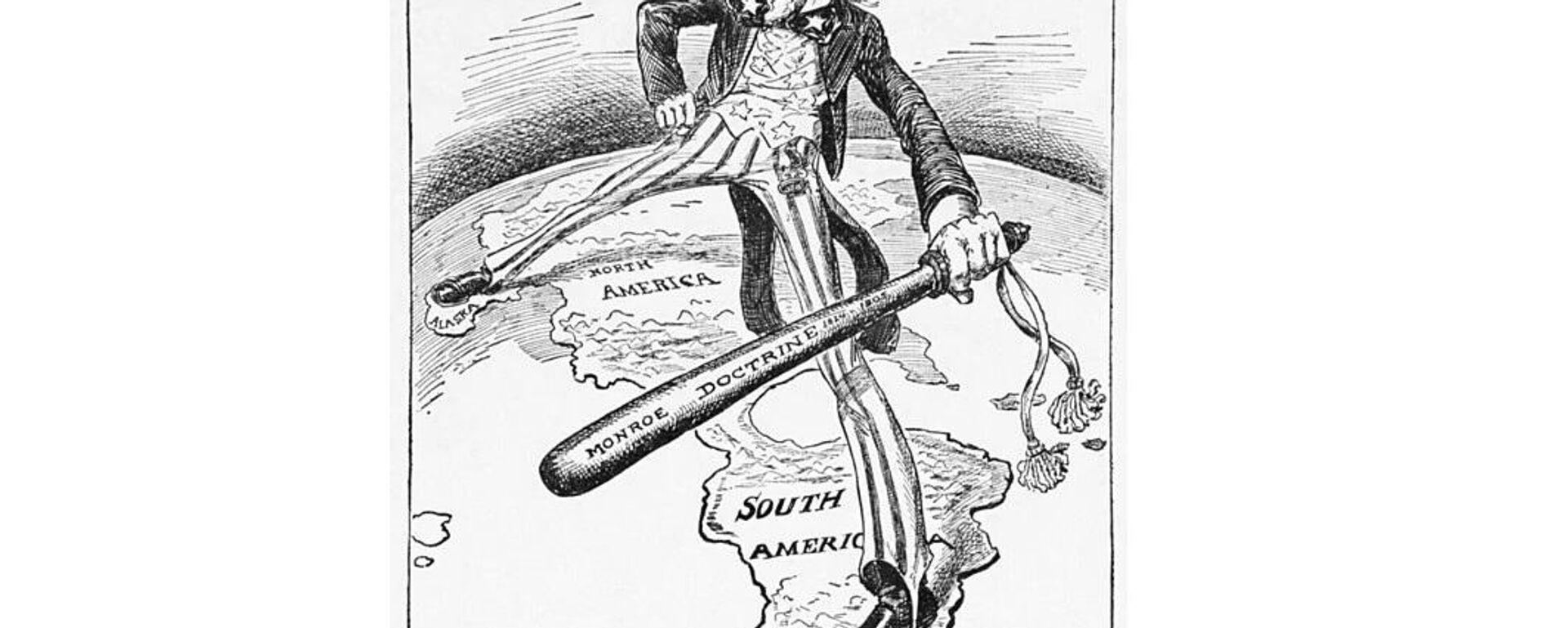 Monroe Doctrine cartoon showing the figure of Uncle Sam towering over the Western Hemisphere, one foot in North America and the other in South America. - Sputnik भारत, 1920, 29.04.2026
