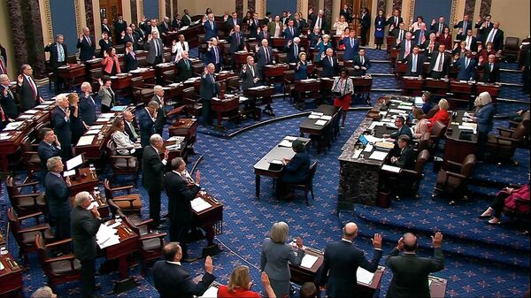 In this image from video from Senate Television, Sen. Patty Murray, D-Wash., swears senators in for the impeachment trial of Homeland Security Secretary Alejandro Mayorkas on the Senate floor at the US Capitol, Wednesday, April 17, 2024, in Washington - Sputnik भारत
