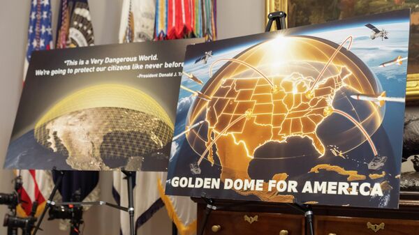 Posters for the proposed Golden Dome for America missile defense shield are displayed before an event with President Donald Trump in the Roosevelt Room at the White House, Monday, May 12, 2025, in Washington. - Sputnik भारत