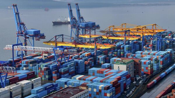 The container terminal at the seaport in the Pacific city of Vladivostok, Russia, is seen on April 7, 2025.  - Sputnik भारत